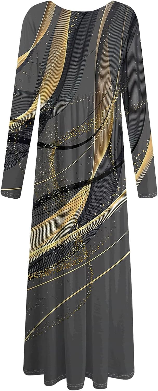 Long Sleeve Maxi Dress for Women Elegant Crew Neck Flowy Swing Dresses Solid Color Wedding Guest Dresses