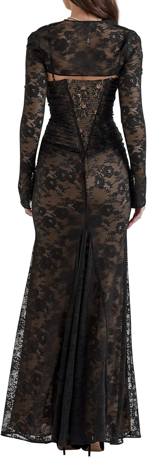 Women Vintage Cream Lace Maxi Dress Romantic Long Sleevees Lace Bodycon Dress