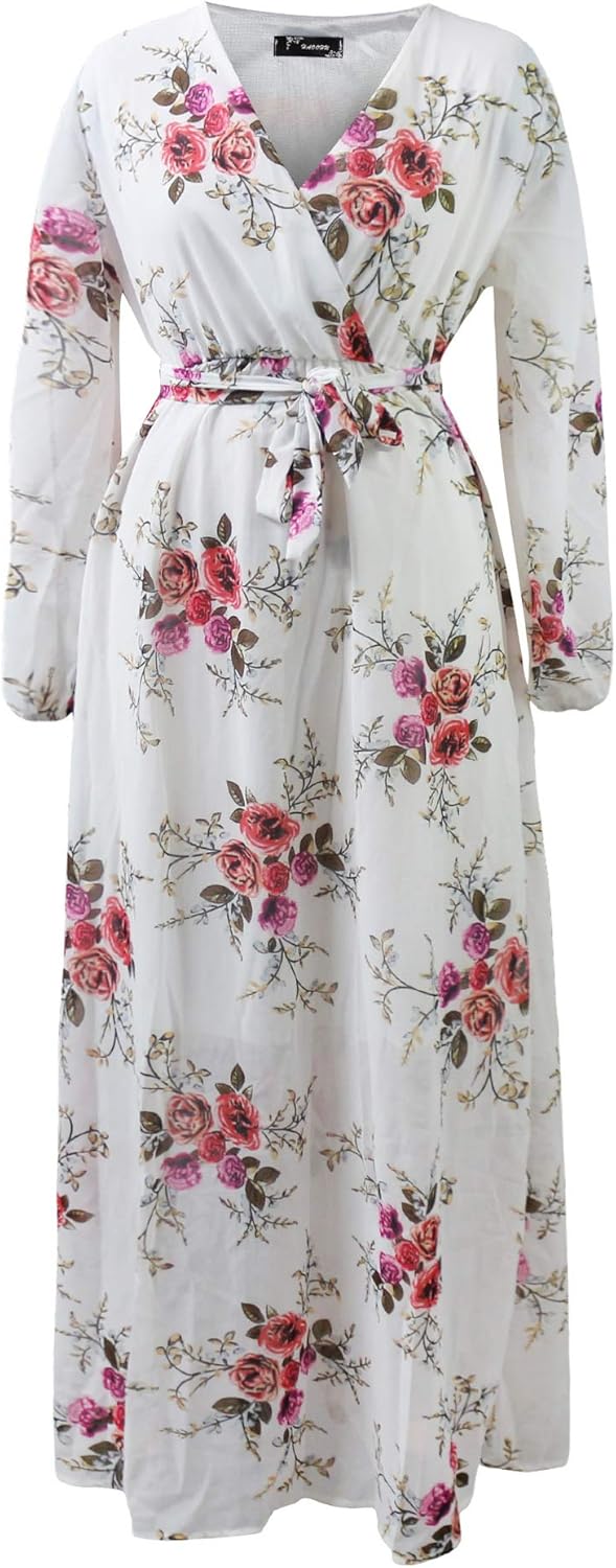 Nuofengkudu Womens Chiffon Deep V-Neck Stripe Printed Maxi Dress Unique Loose Summer Boho Dresses High Waiste(S-5XL)