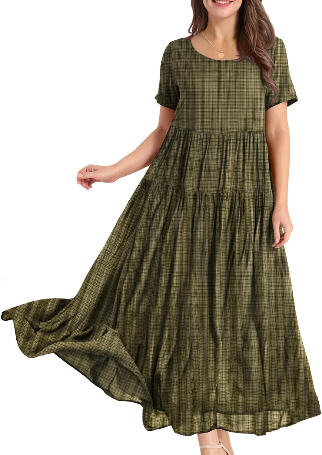 YESNO Women Casual Loose Bohemian Floral Dress with Pockets Short Sleeve Long Maxi Summer Beach Swing Dress EJF