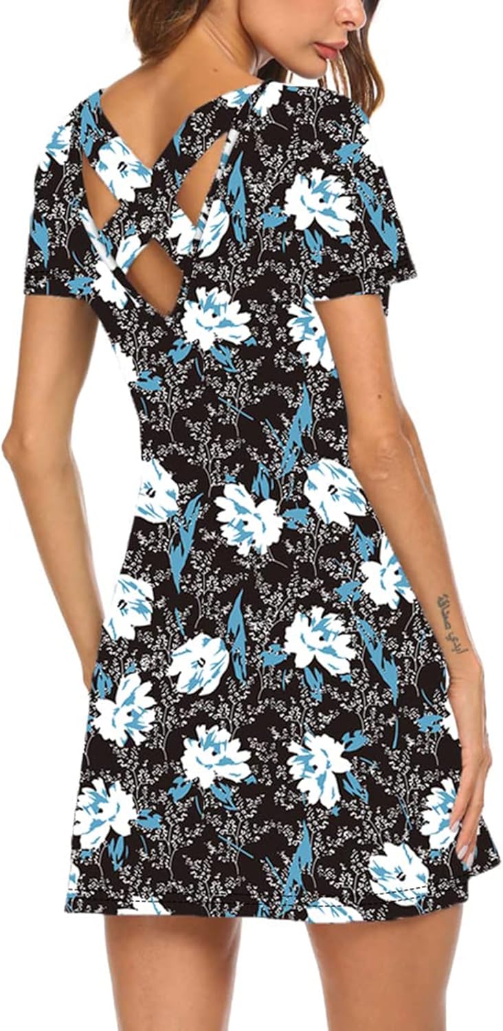 Feager Women's Casual Striped Criss Cross Short Sleeve T Shirt Dress