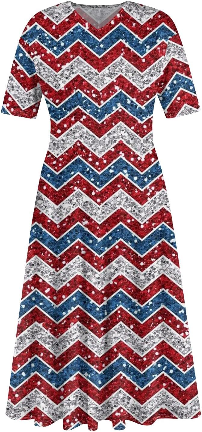 Women's Patriotic Star Print Midi Short Sleeve V-Neck Casual A-Line Dress for Summer Parties & Events