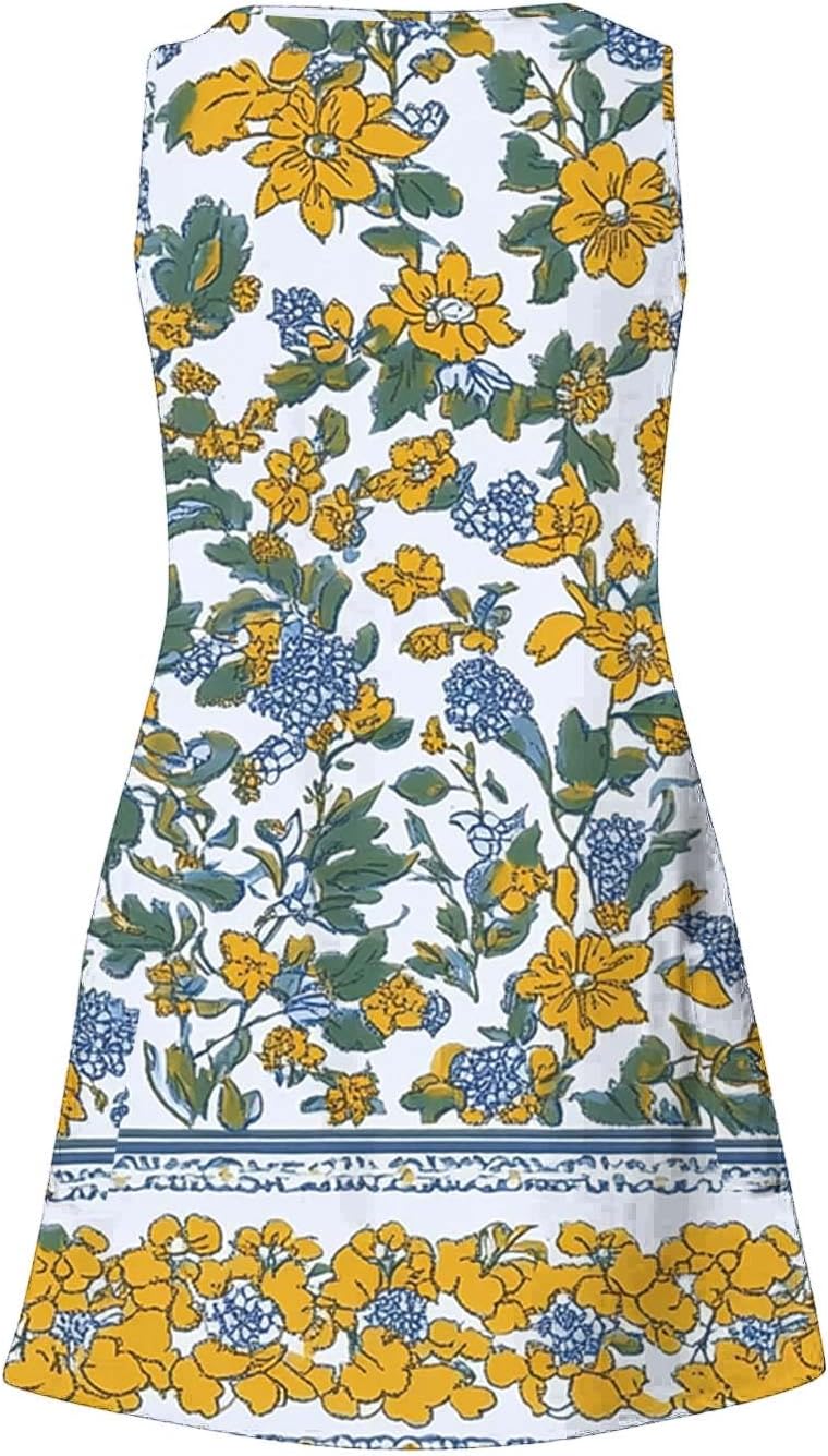 Womens 2025 Spring Summer Dresses Casual Floral Print V-Neck Tank Dress Curve Hem Pleated A-Line Sundresses