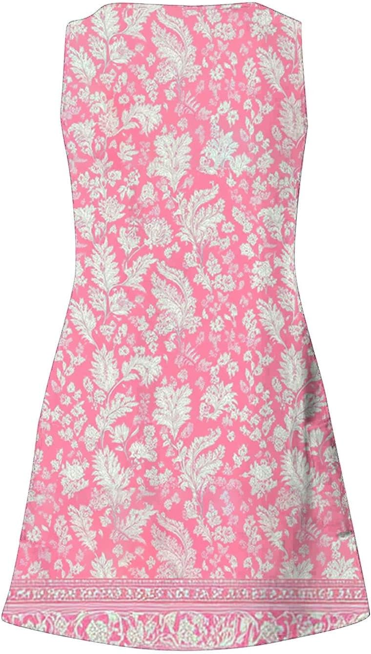 Womens 2025 Spring Summer Dresses Casual Floral Print V-Neck Tank Dress Curve Hem Pleated A-Line Sundresses