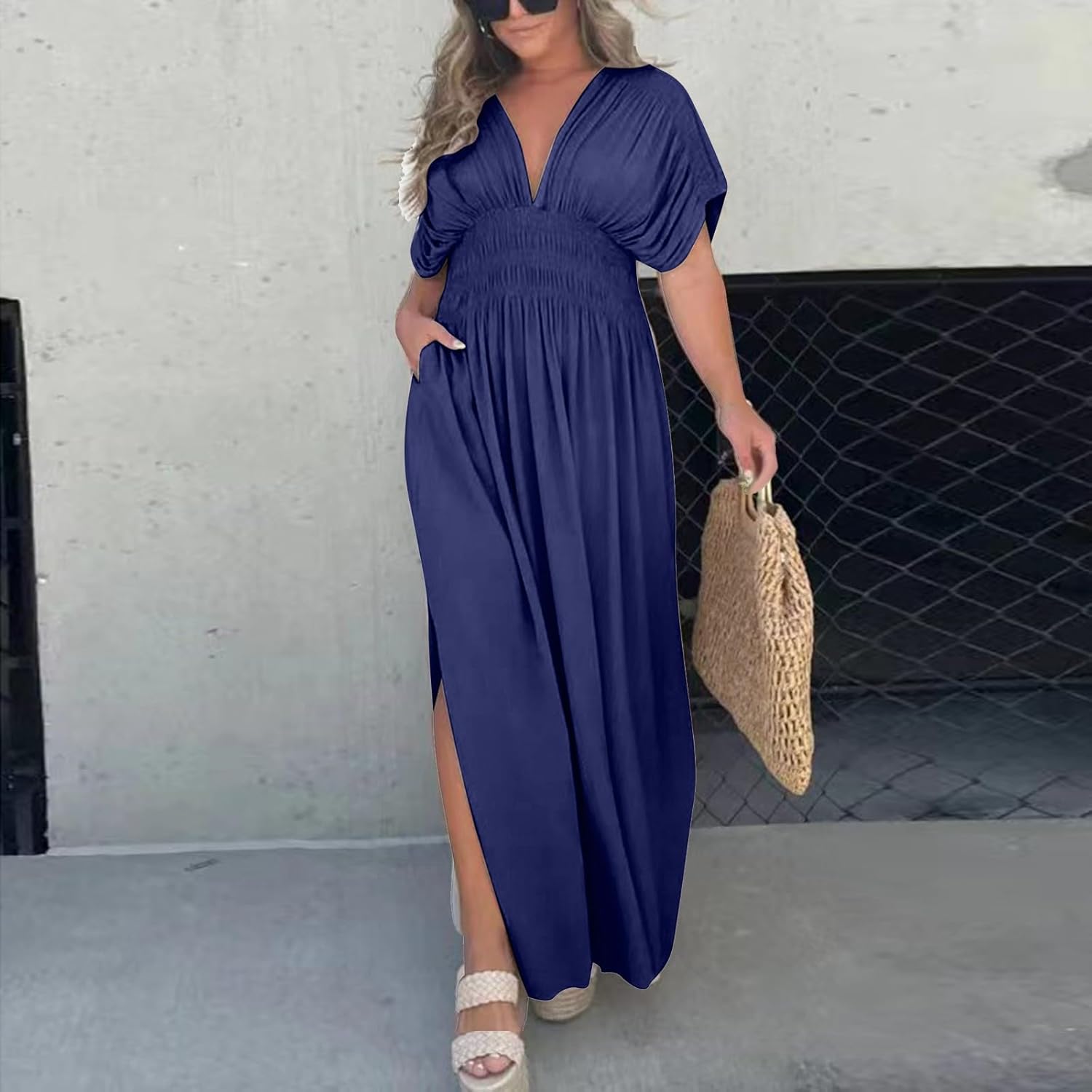 Women's Casual Maxi Dresses Ruffle Sleeve Smocked Dress High Waisted Plus Size Long Dresses Split Flowy Sundress