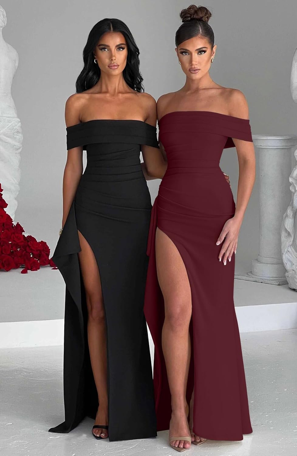 LAGSHIAN Women's Elegant Bodycon Off Shoulder Sleeveless High Split Ruched Long Formal Evening Dress
