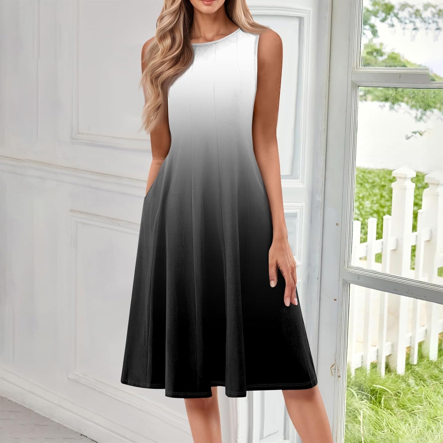 Womens Tank Sundress 2025 Casual Floral Print Tshirt Dress Swing Sleeveless Midi Dress Crewneck Pleated Summer Dresses