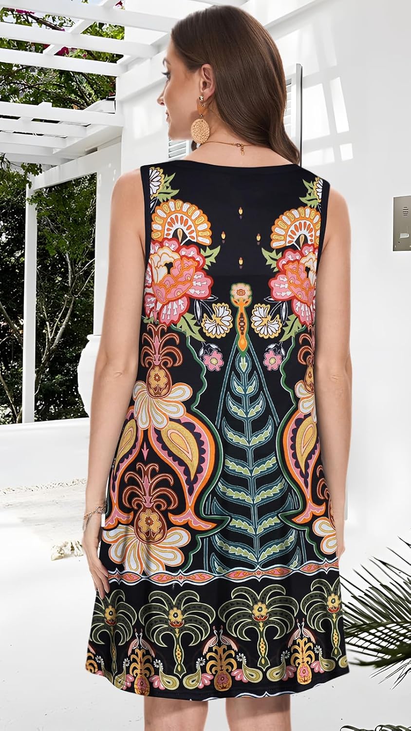 Summer Dresses for Women Beach Boho Sleeveless Vintage Floral Flowy Pocket Tshirt Tank Sundresses