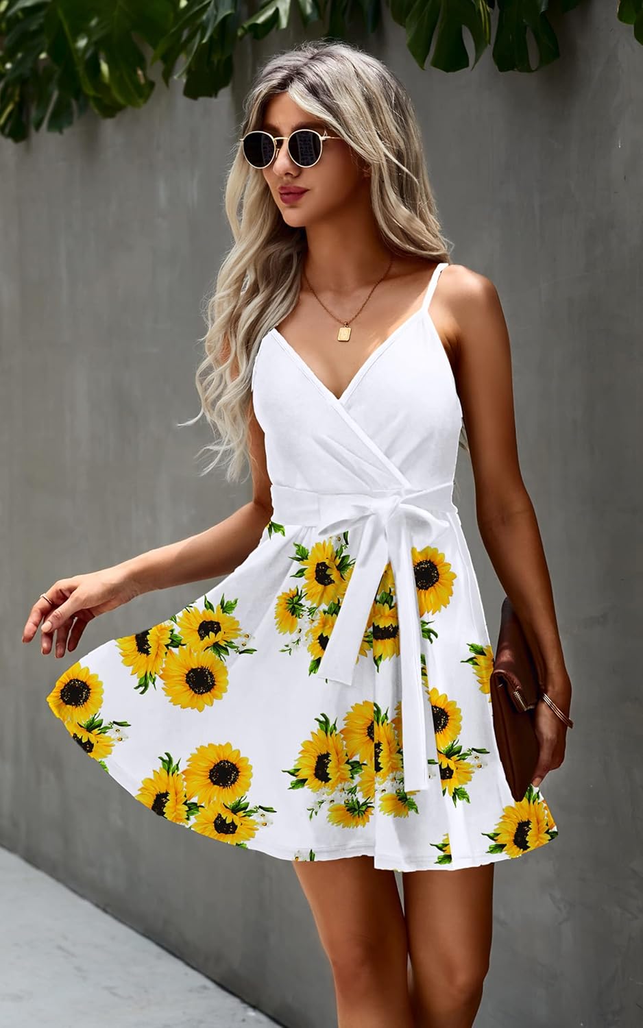 ECOWISH Summer Dresses for Women 2025 V-Neck Spaghetti Strap Bowknot Backless Sleeveless Lace Mini Swing Skater Dress