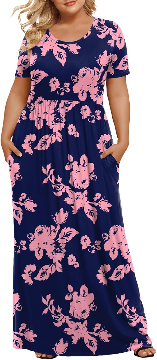 LONGYUAN Women's Plus Size Maxi Dresses for Curvy Women Summer Short Sleeve Casual 2025 Long Dress XL-6XL