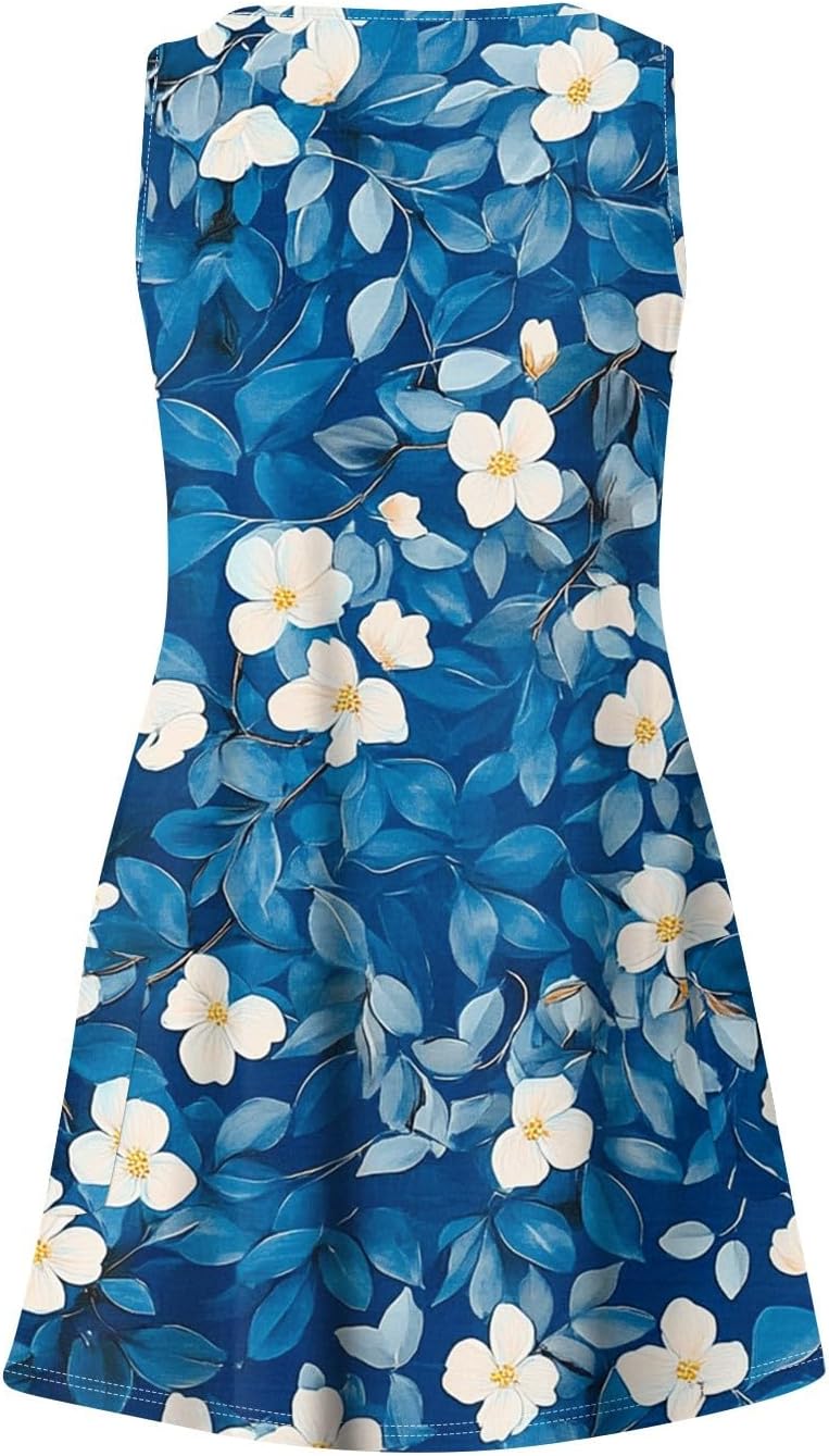 Women's Sleeveless Floral Print Summer Dress Casual V-Neck A-Line Mini Dress for Beach Party and Daily Wear