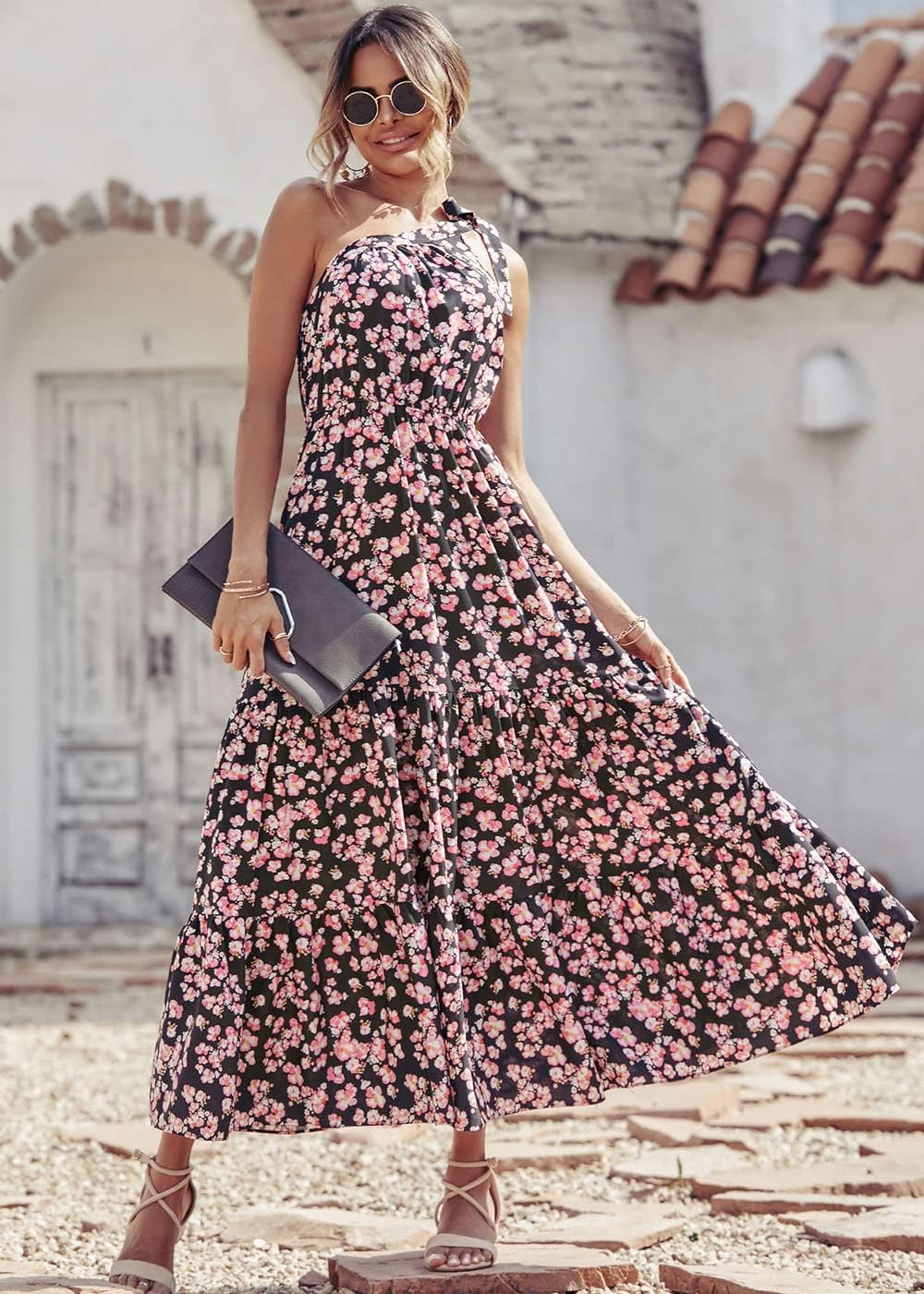 PRETTYGARDEN Women's Summer Floral Maxi Dress Knot One Shoulder Sleeveless Ruffle Flowy Boho Beach Wedding Guest Dresses