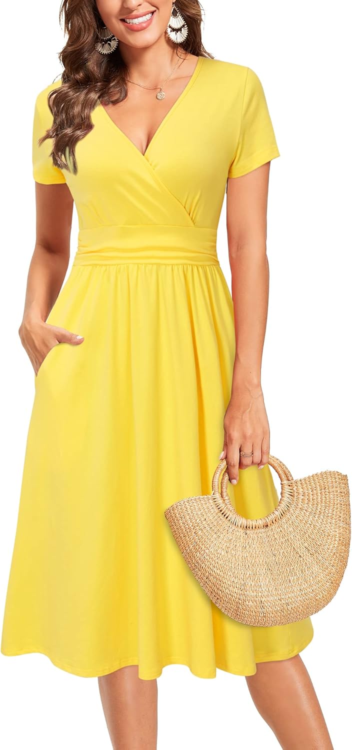 OUGES Women's Summer Short Sleeve V-Neck Floral Short Party Dress with Pockets