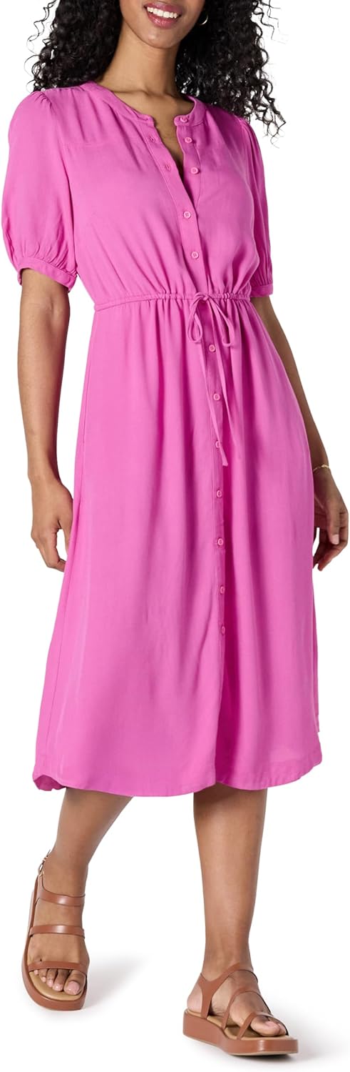 Amazon Essentials Women's Relaxed Fit Half-Sleeve Waisted Midi A-Line Dress