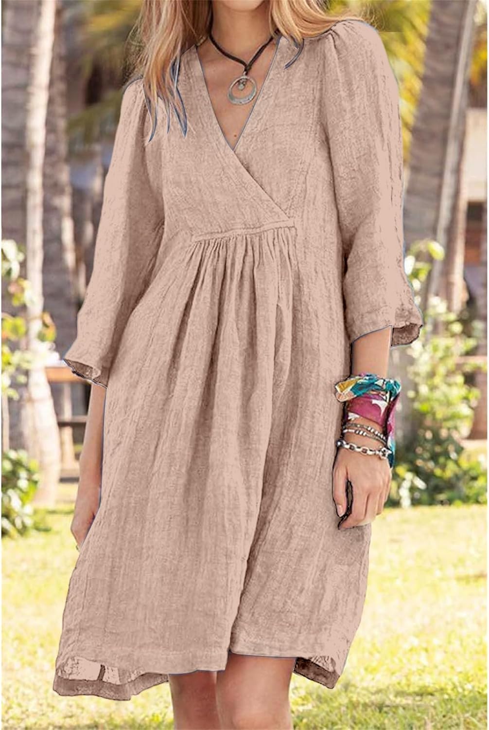 Cotton Linen for Women 2025 Summer V-Neck 3/4 Sleeve Ruffled A-Line Midi Dress Casual Modest Knee-Length Dress