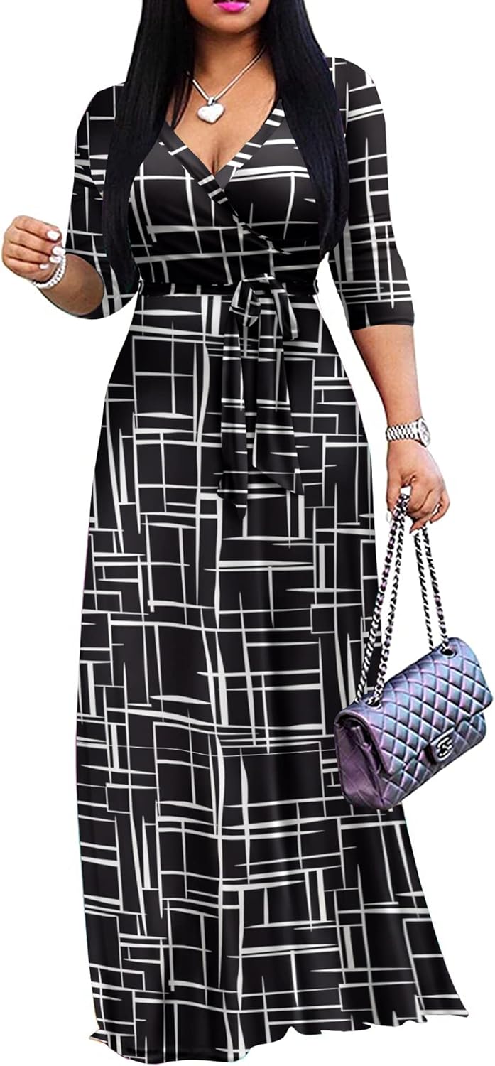 FANDEE Plus Size Maxi Dress for Women Casual Summer Sundress V-Neck 3/4 Sleeve