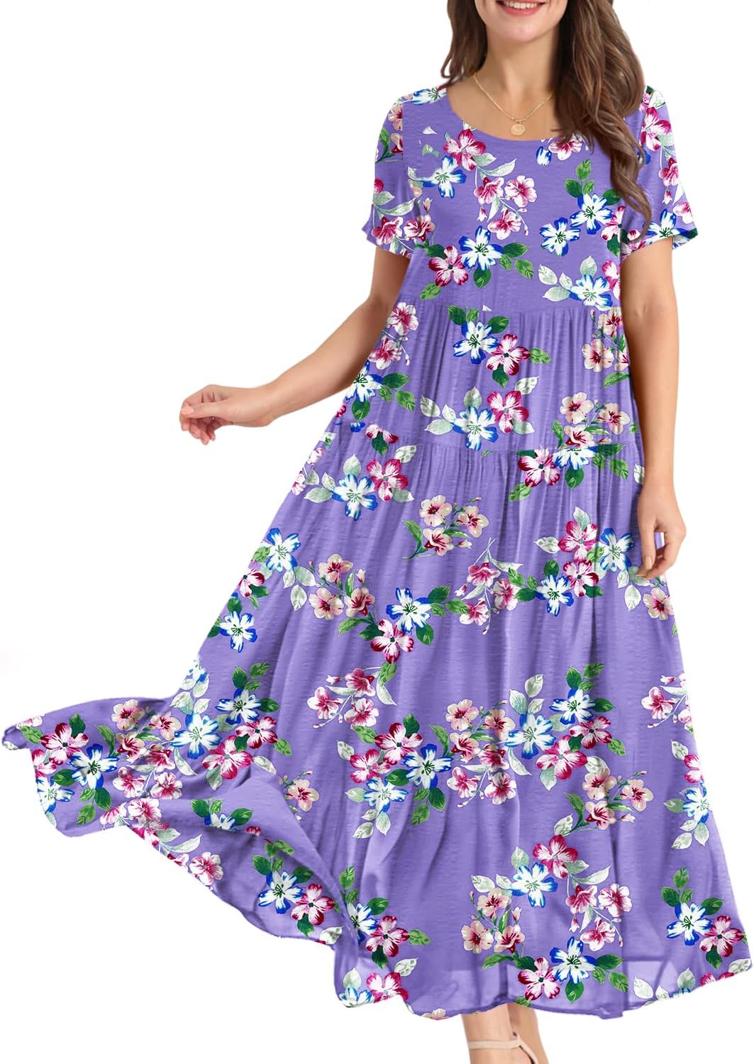 YESNO Women Casual Loose Bohemian Floral Dress with Pockets Short Sleeve Long Maxi Summer Beach Swing Dress EJF