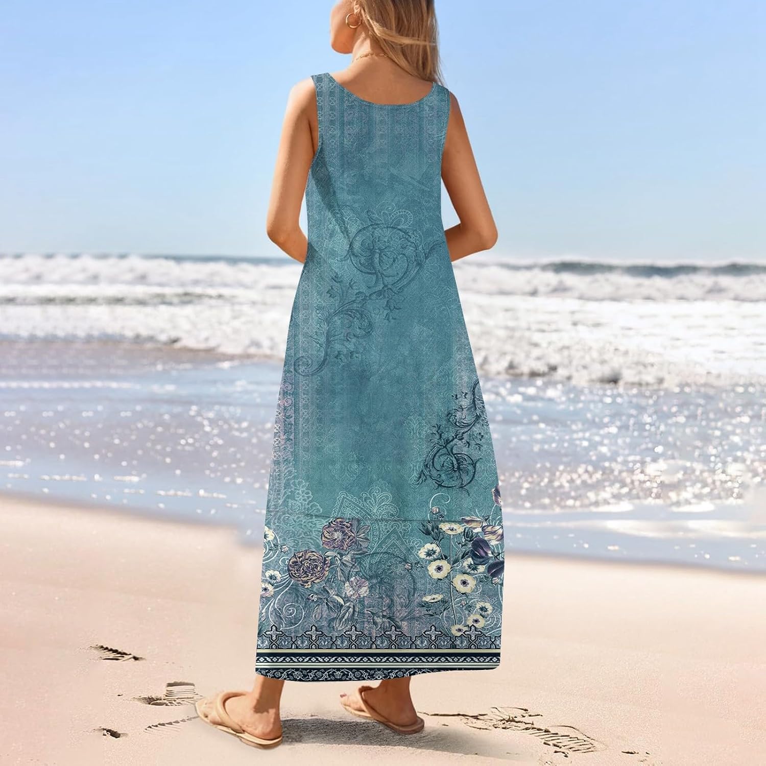 Womens Summer Tank Dress Vacation Boho Floral Long Dresses with Pockets Resort Wear Swing Beach Sleeveless Sundress