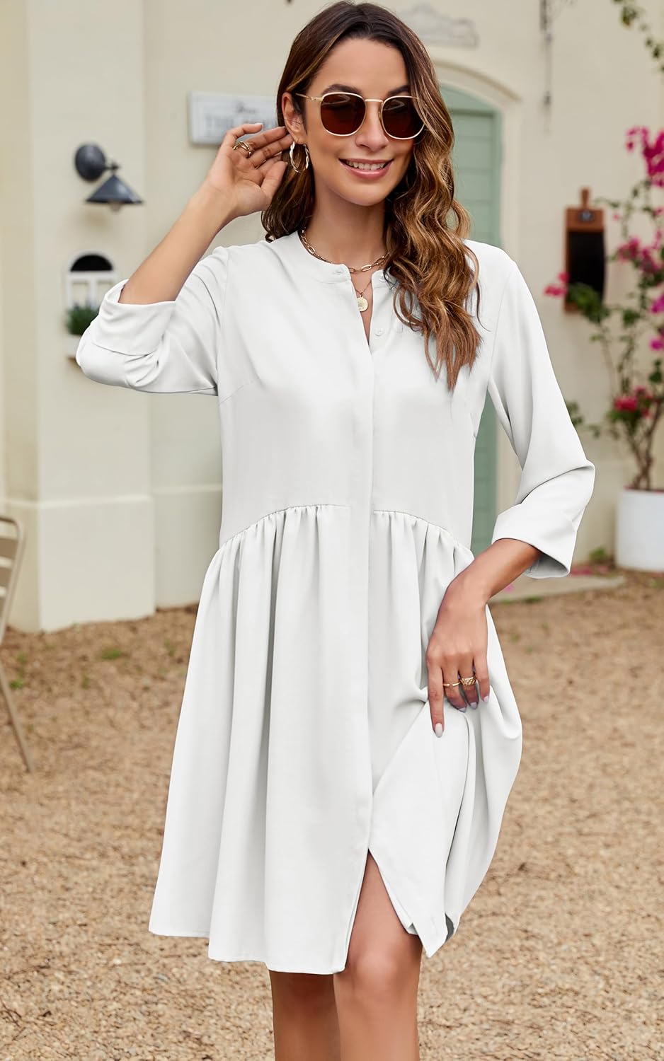 CCTOO Women's Summer Dresses Casual V Neck Button Down 3/4 Sleeve Floral Print Loose Flowy Shirt Dress