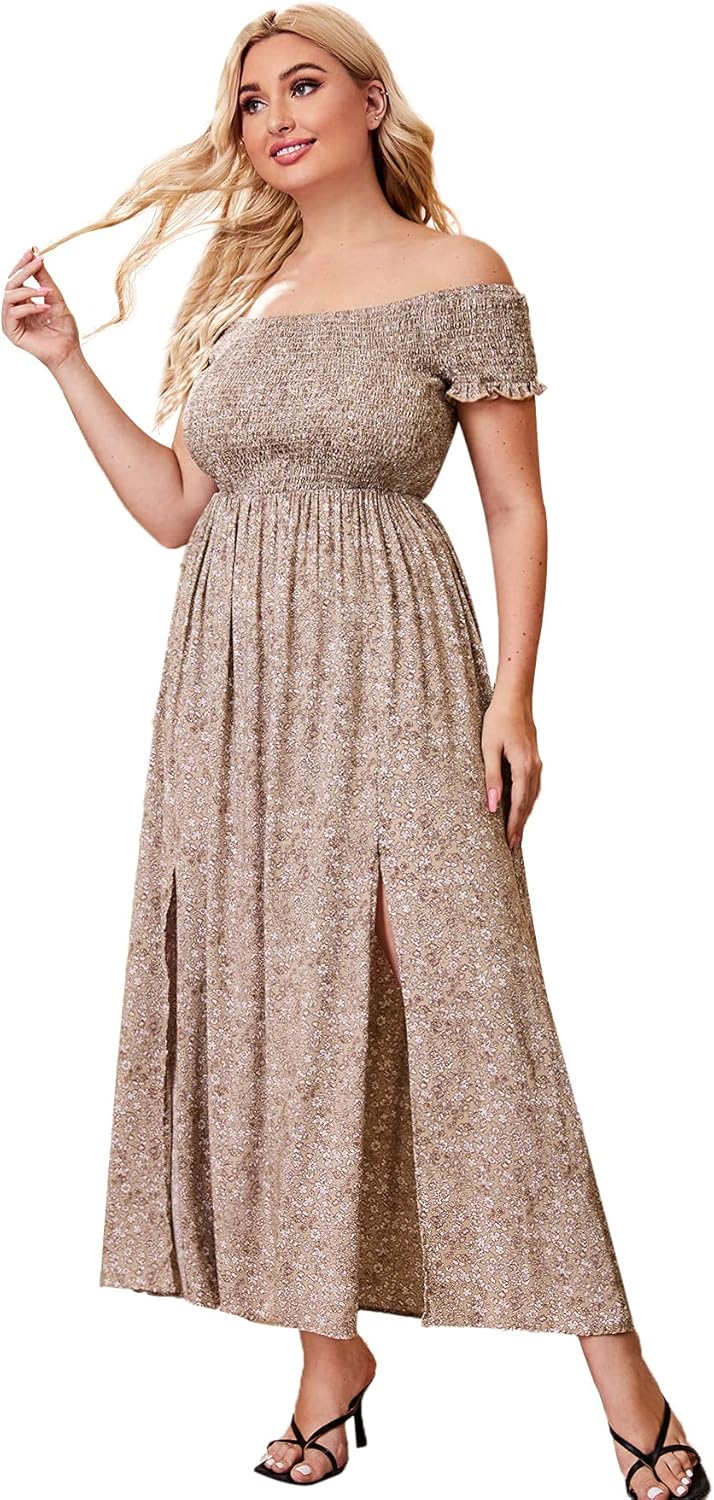 Floerns Women's Boho Floral Print Off Shoulder Split Long A Line Dress