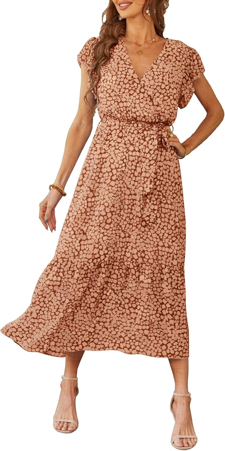PRETTYGARDEN Women's Summer Floral Boho Dress Wrap V Neck Short Sleeve Ruffle A-Line Flowy Maxi Wedding Guest Dresses