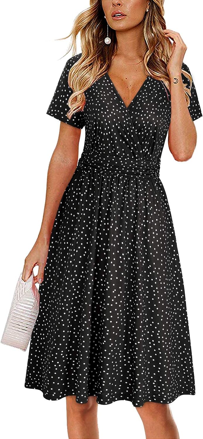 OUGES Women's Summer Short Sleeve V-Neck Floral Short Party Dress with Pockets