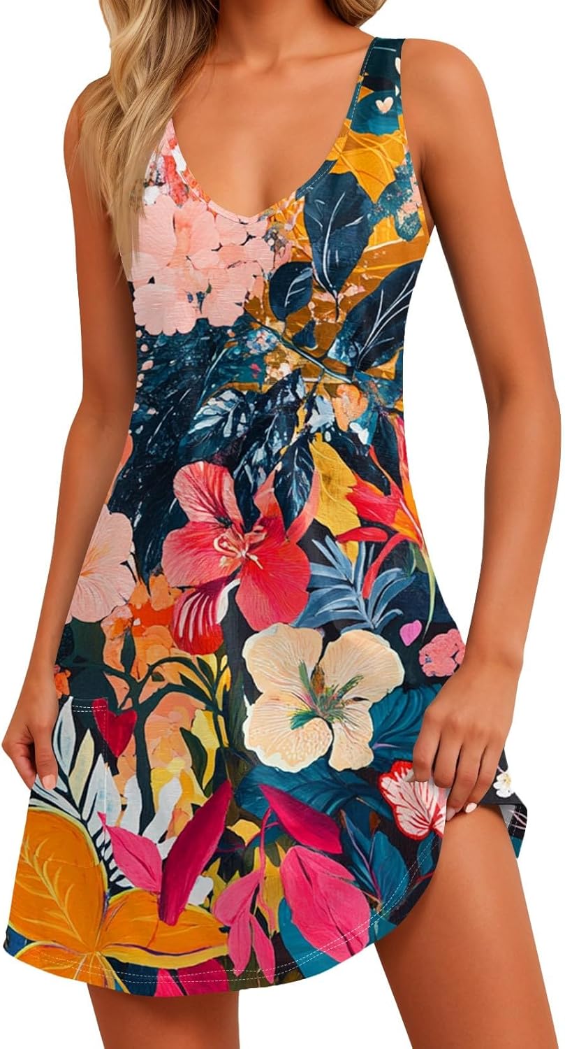 Women's Sleeveless Floral Print Summer Dress Casual V-Neck A-Line Mini Dress for Beach Party and Daily Wear