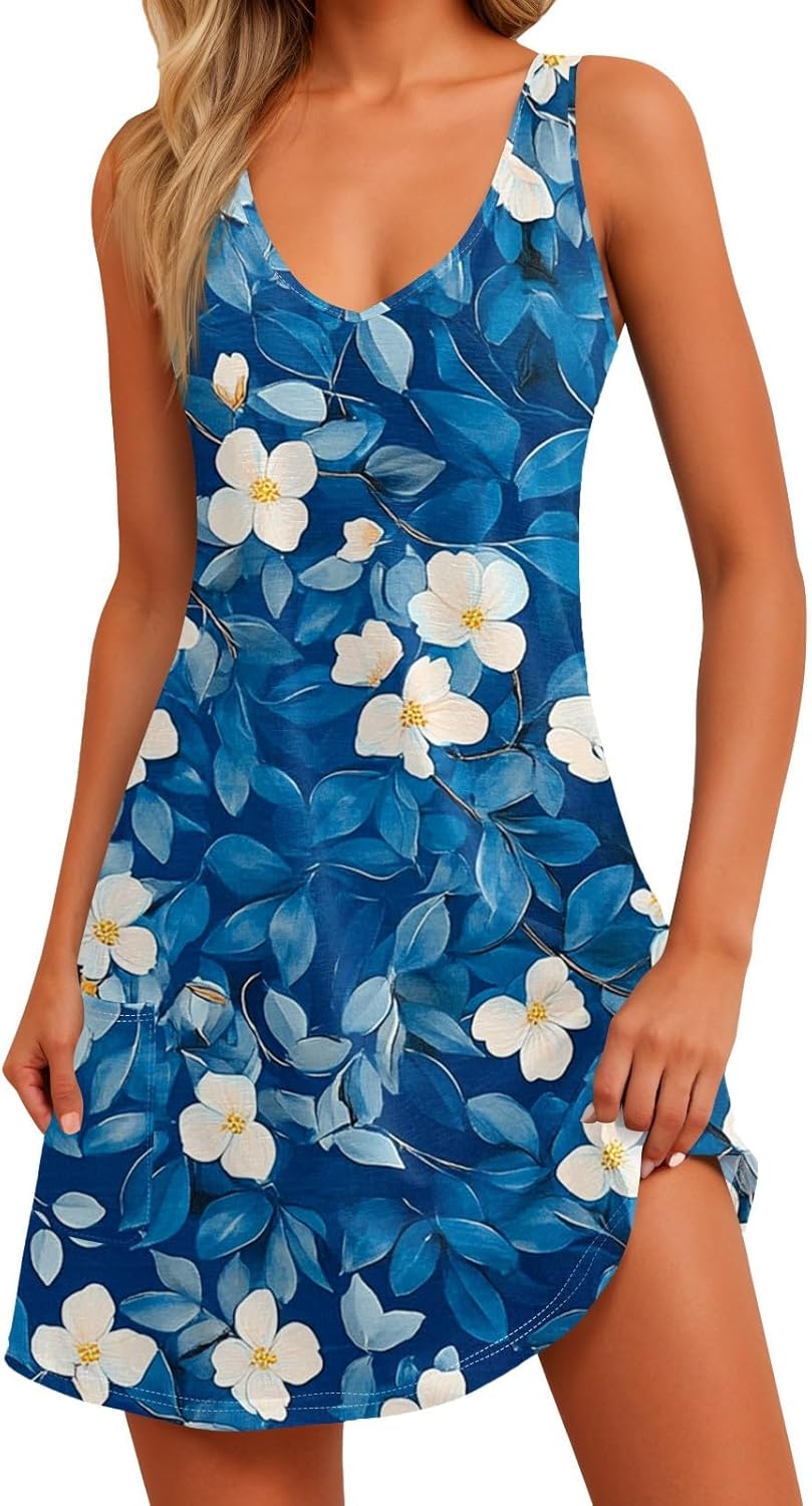 Women's Sleeveless Floral Print Summer Dress Casual V-Neck A-Line Mini Dress for Beach Party and Daily Wear