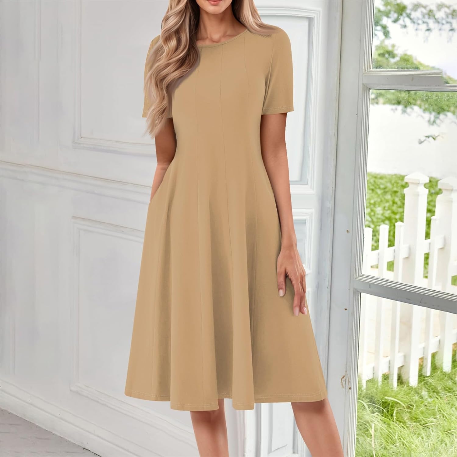 Summer Dresses for Women 2025 Crew Neck Short Sleeve Boho Beach Vacation Floral/Solid Midi Sundresses with Pockets