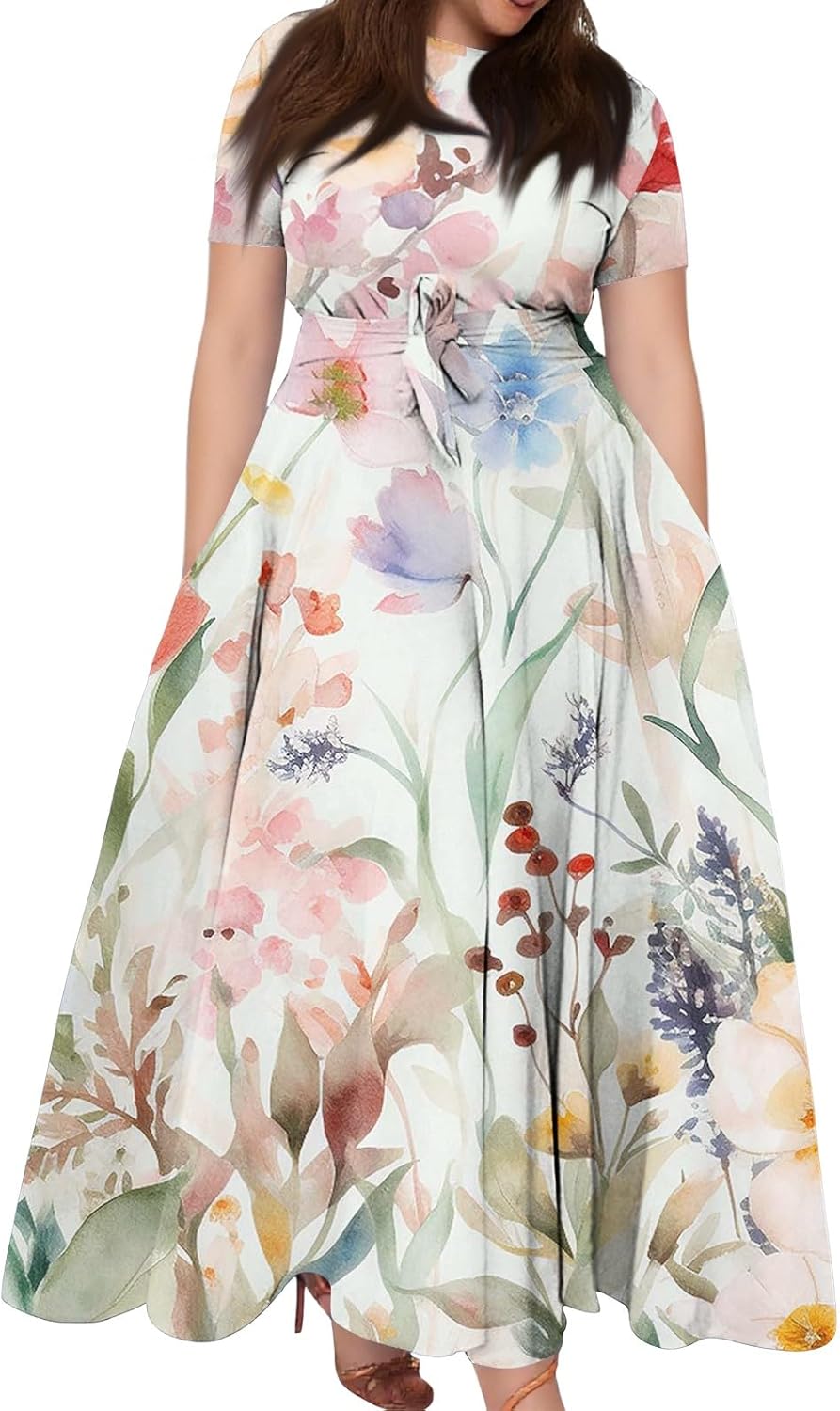 ZEFOTIM Maxi Dress for Women Plus Size Cute Floral Dress Short Sleeve Crew Neck Dresses