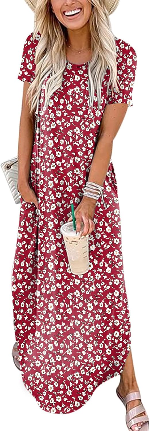 ANRABESS Women's Summer Casual Loose Short Sleeve Long T Shirt Dress Split Maxi Beach Sundress Travel Vacation Outfits