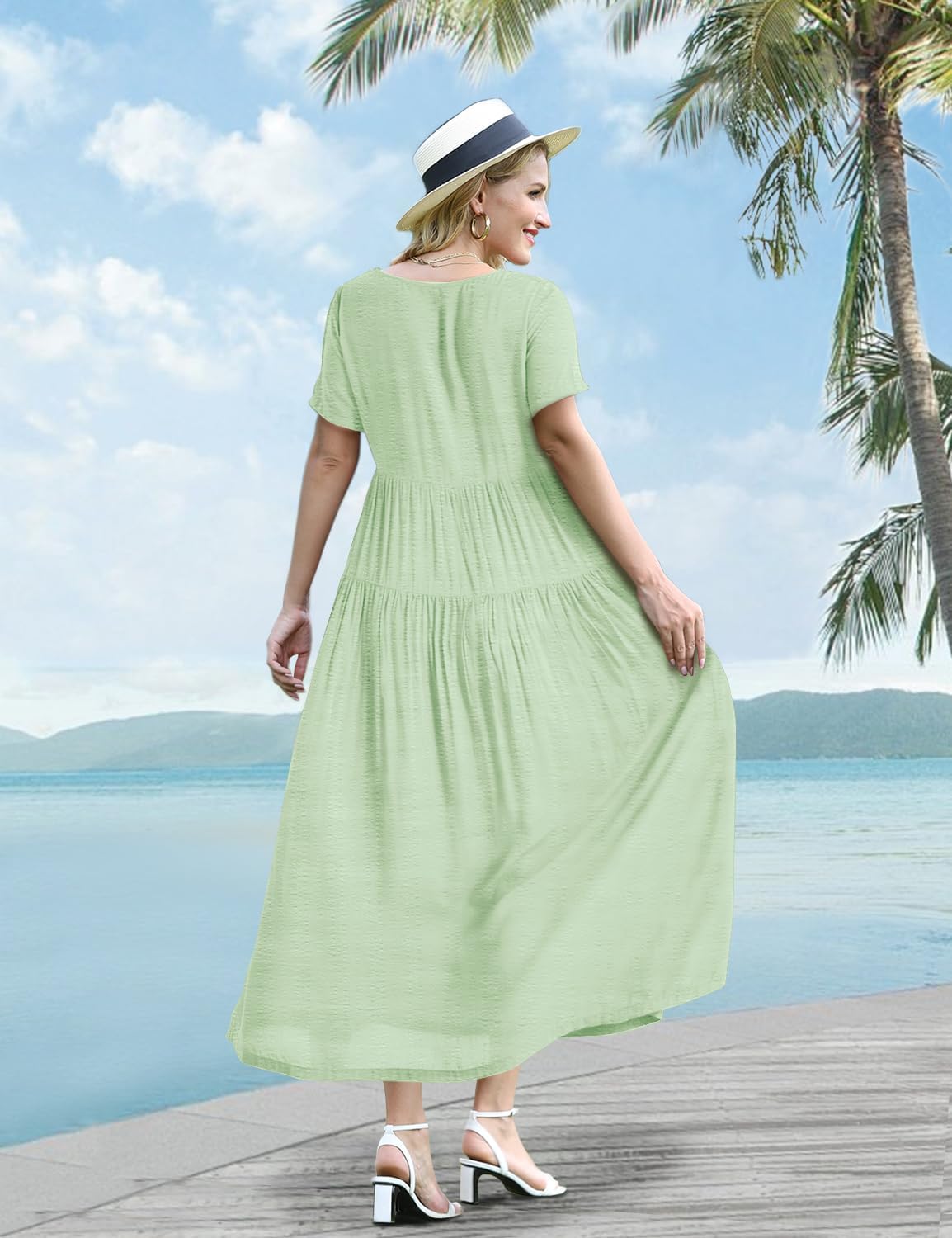 YESNO Women Casual Loose Bohemian Floral Dress with Pockets Short Sleeve Long Maxi Summer Beach Swing Dress EJF
