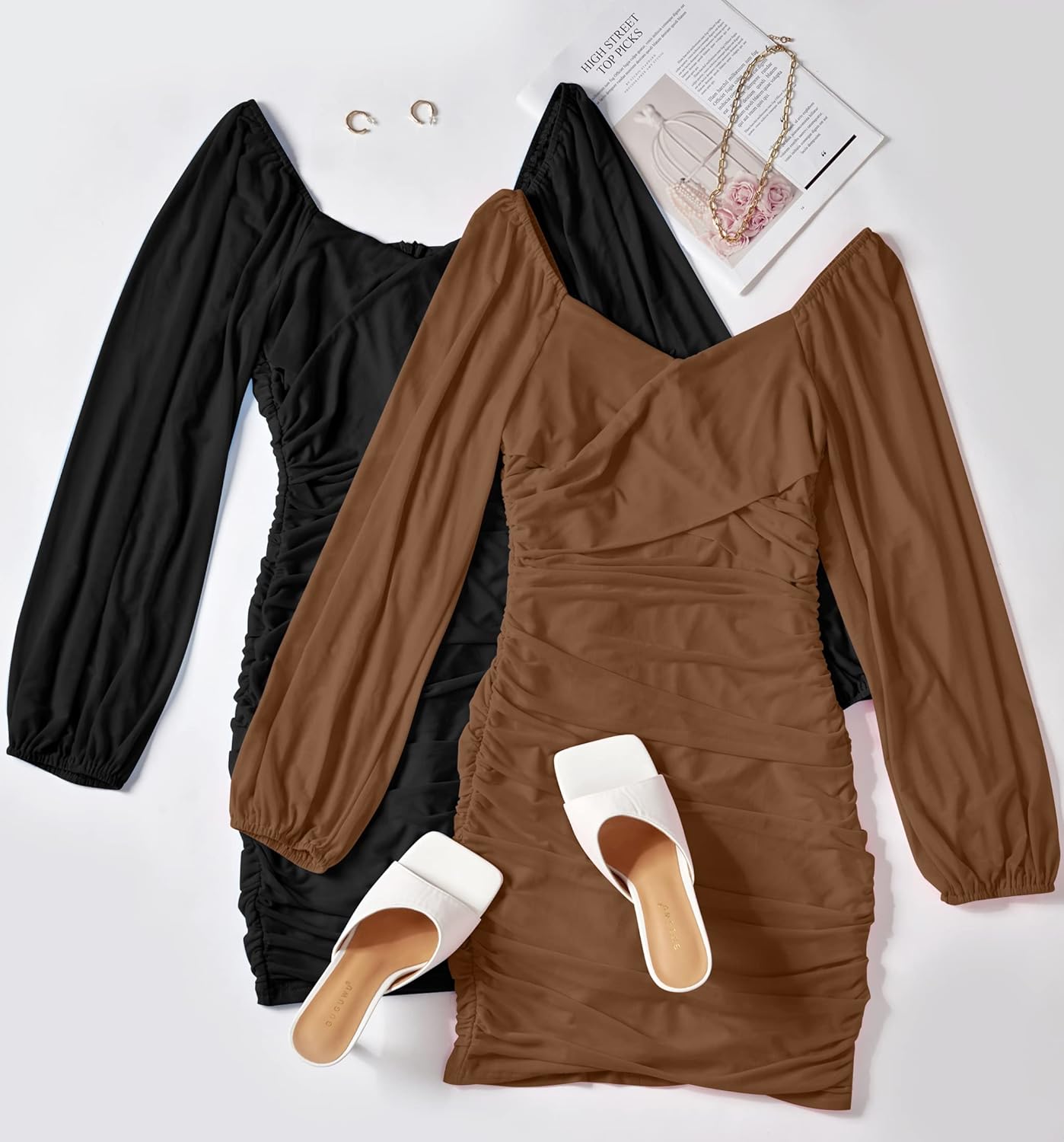 ZESICA Women's Sexy V Neck Ruched Bodycon Mini Dress Puff Long Sleeve Cocktail Wedding Party Short Dresses