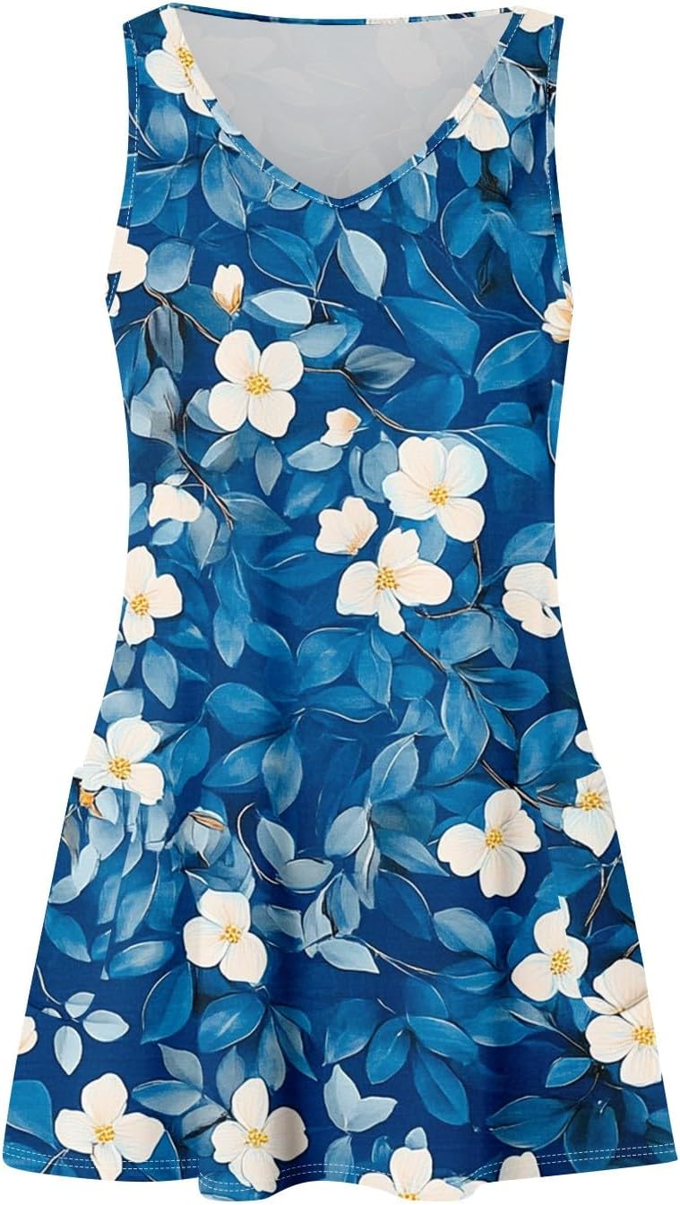 Women's Sleeveless Floral Print Summer Dress Casual V-Neck A-Line Mini Dress for Beach Party and Daily Wear