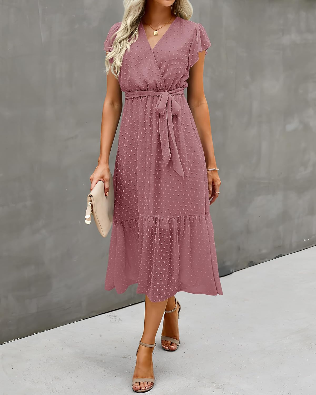 BTFBM Women Summer Bohemian Floral Casual Wrap V Neck Ruffle Cap Sleeveless Belt A-Line Pleated Hem Midi Sun Dress White