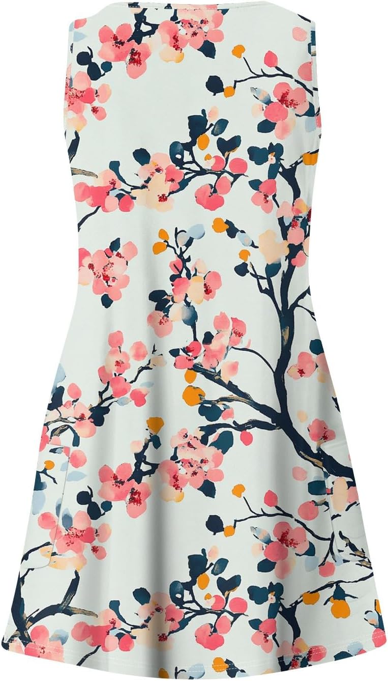 Women's Sleeveless Floral Print Summer Dress Casual V-Neck A-Line Mini Dress for Beach Party and Daily Wear