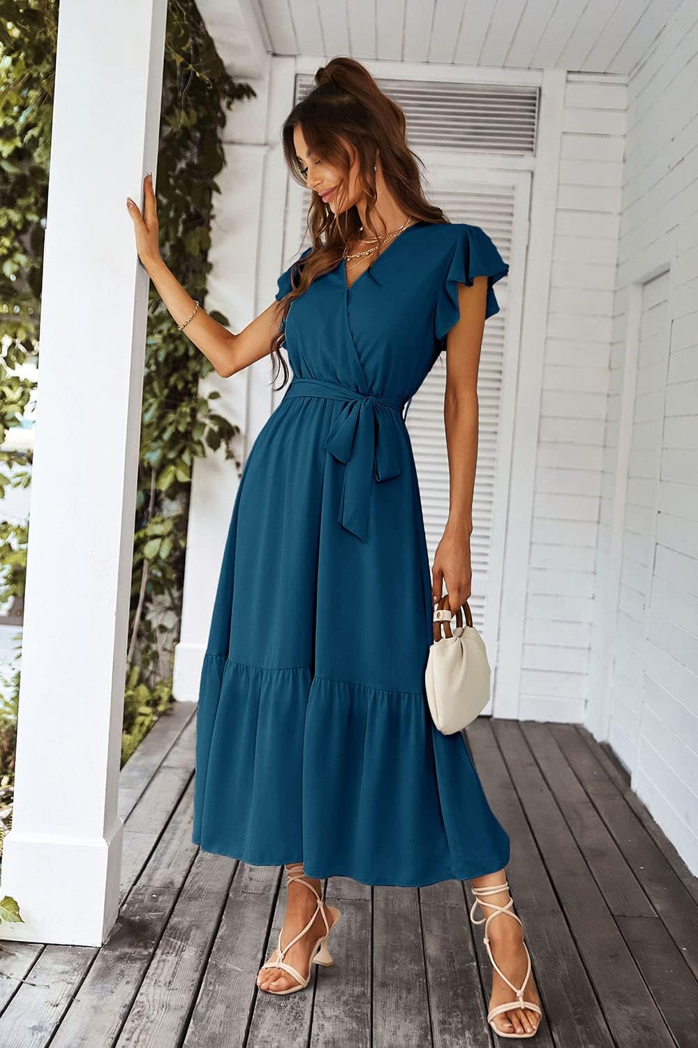 PRETTYGARDEN Women's Summer Floral Boho Dress Wrap V Neck Short Sleeve Ruffle A-Line Flowy Maxi Wedding Guest Dresses