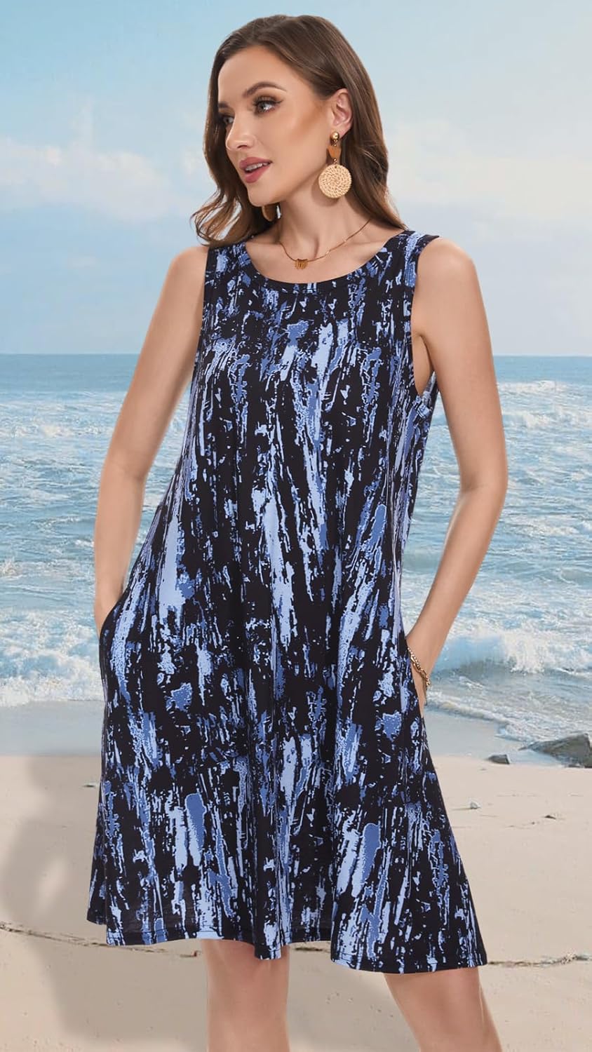 Summer Dresses for Women Beach Boho Sleeveless Vintage Floral Flowy Pocket Tshirt Tank Sundresses