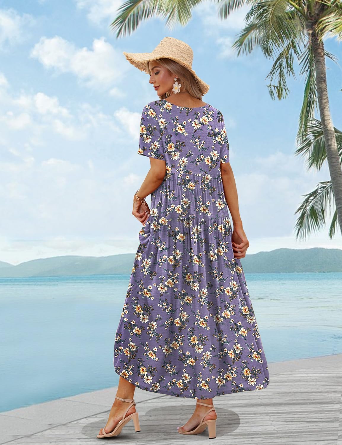 YESNO Women Casual Loose Bohemian Floral Dress with Pockets Short Sleeve Long Maxi Summer Beach Swing Dress EJF