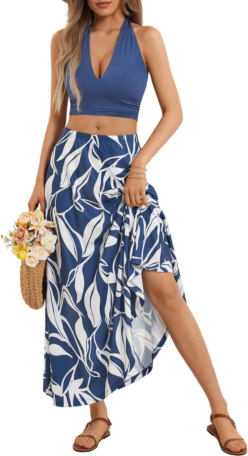 FENSACE Women's Summer Sexy 2 Pieces Floral Beach Vacation Outfits Halter Top Maxi Skirt Set