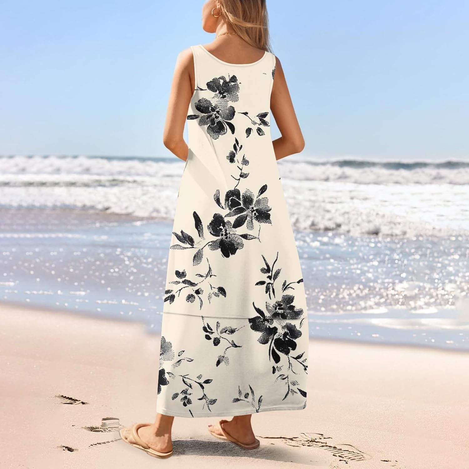 Womens Summer Tank Dress Vacation Boho Floral Long Dresses with Pockets Resort Wear Swing Beach Sleeveless Sundress