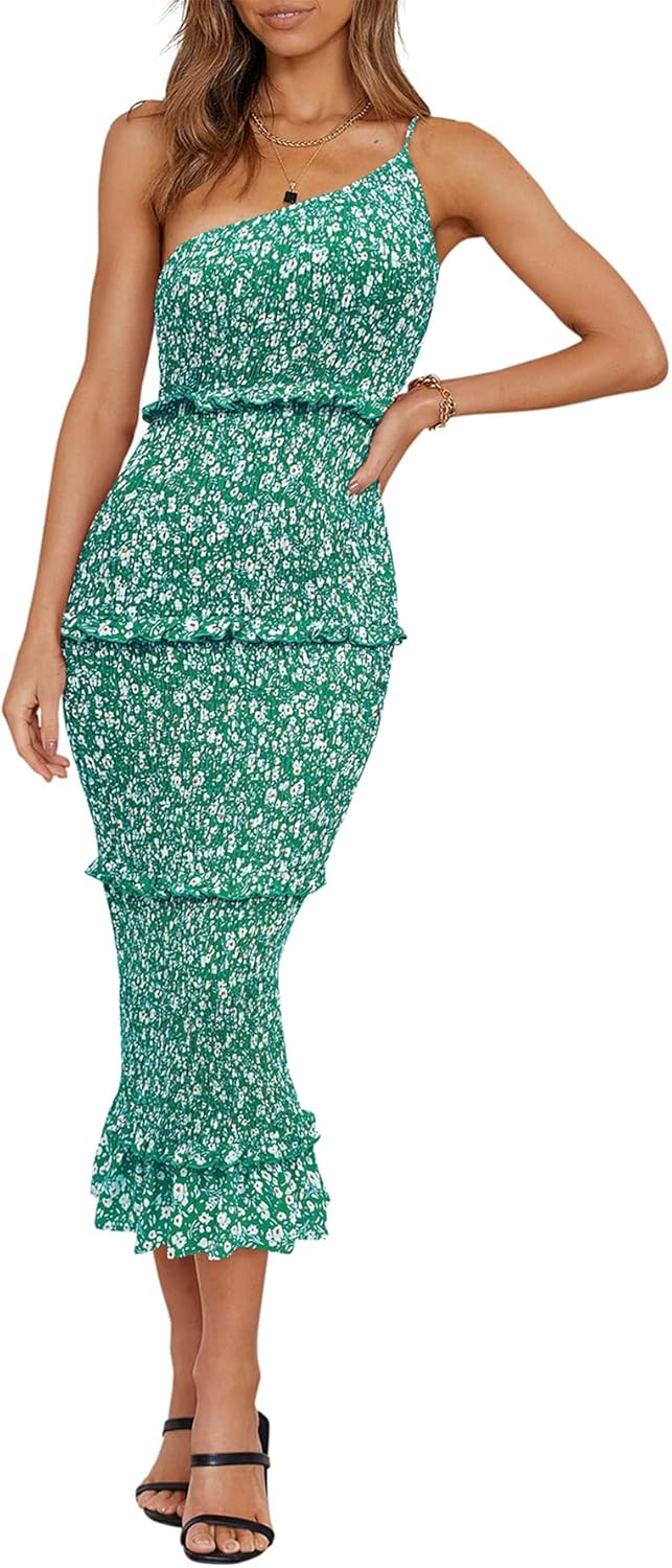 PRETTYGARDEN Women's Summer Midi Bodycon Dresses One Shoulder Strappy Tiered Ruffle Floral Boho Sun Dress