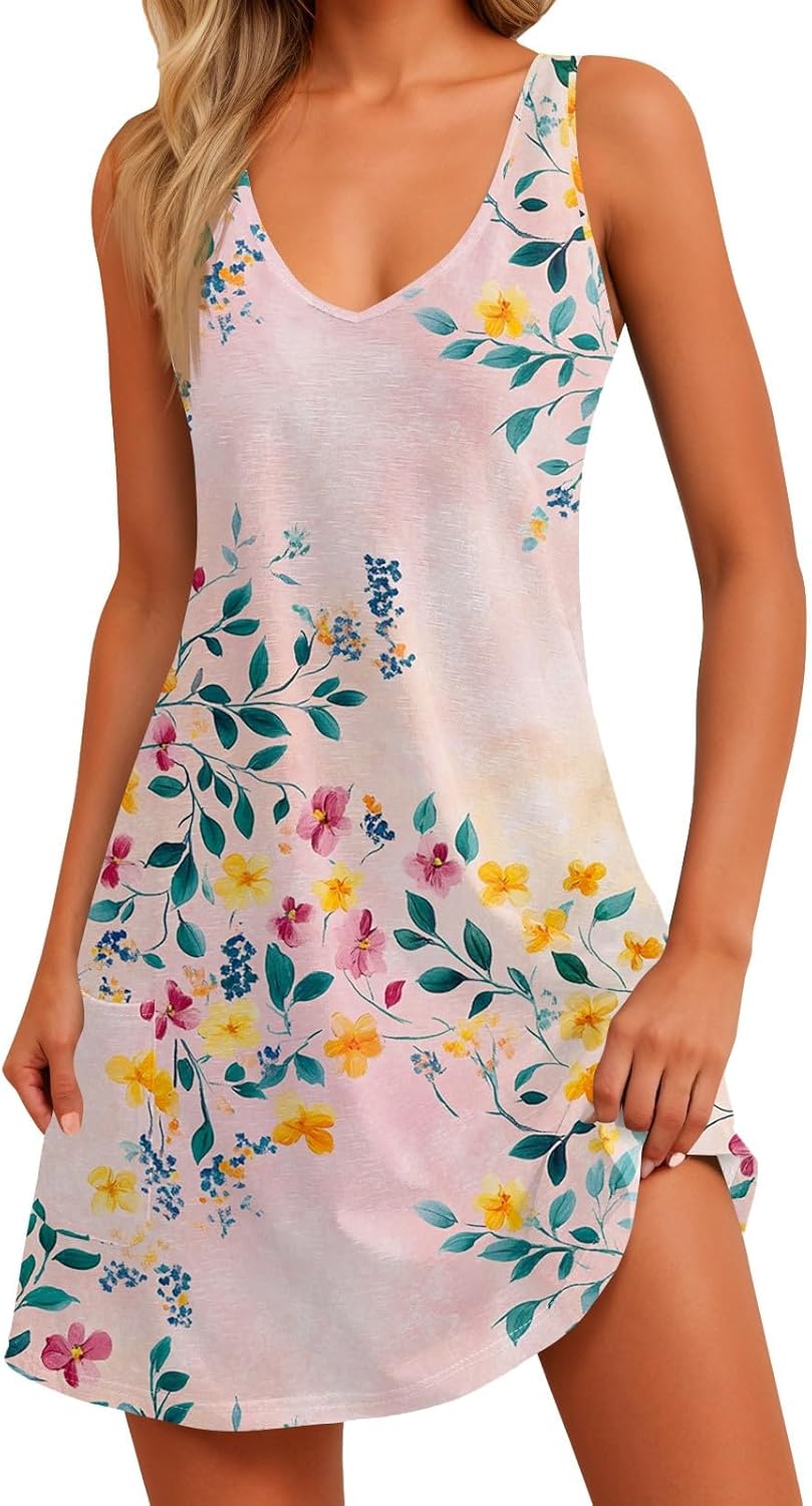 Women's Sleeveless Floral Print Summer Dress Casual V-Neck A-Line Mini Dress for Beach Party and Daily Wear