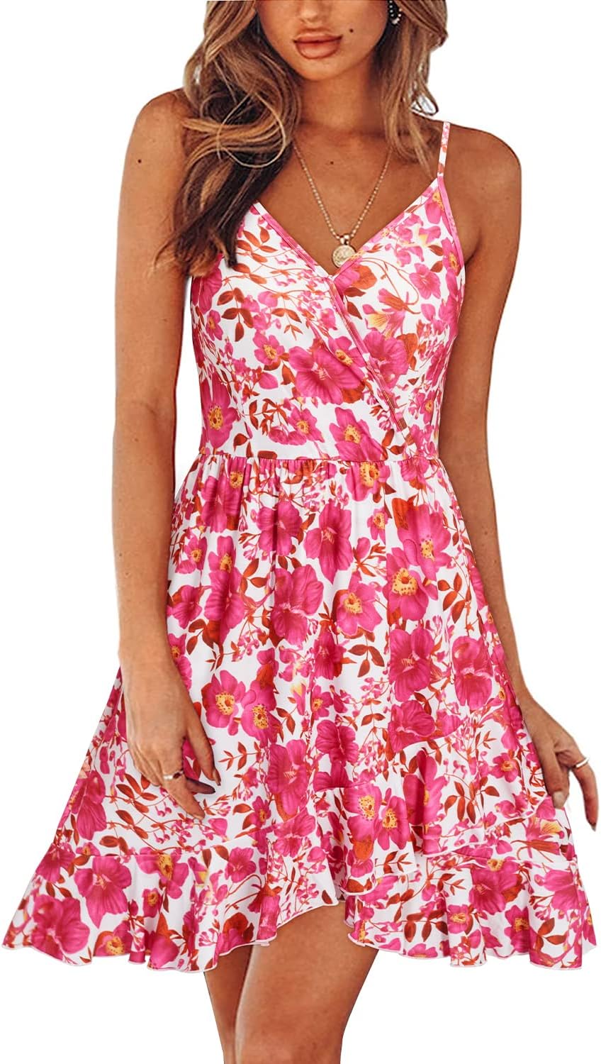 ULTRANICE Womens Summer Dresses Floral V Neck Ruffled Hem Spaghetti Spring Casual Beach Outfits Flowy Wrap Sun Dress