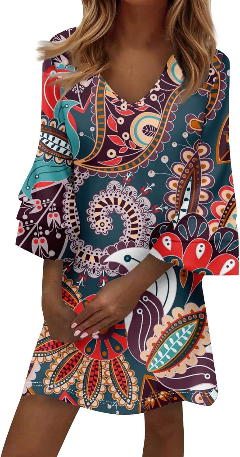 Beach Dresses for Women,2025 Summer Trendy Floral Print Boho Dress,Casual Loose V Neck Bell 3/4 Sleeve Mini Dress