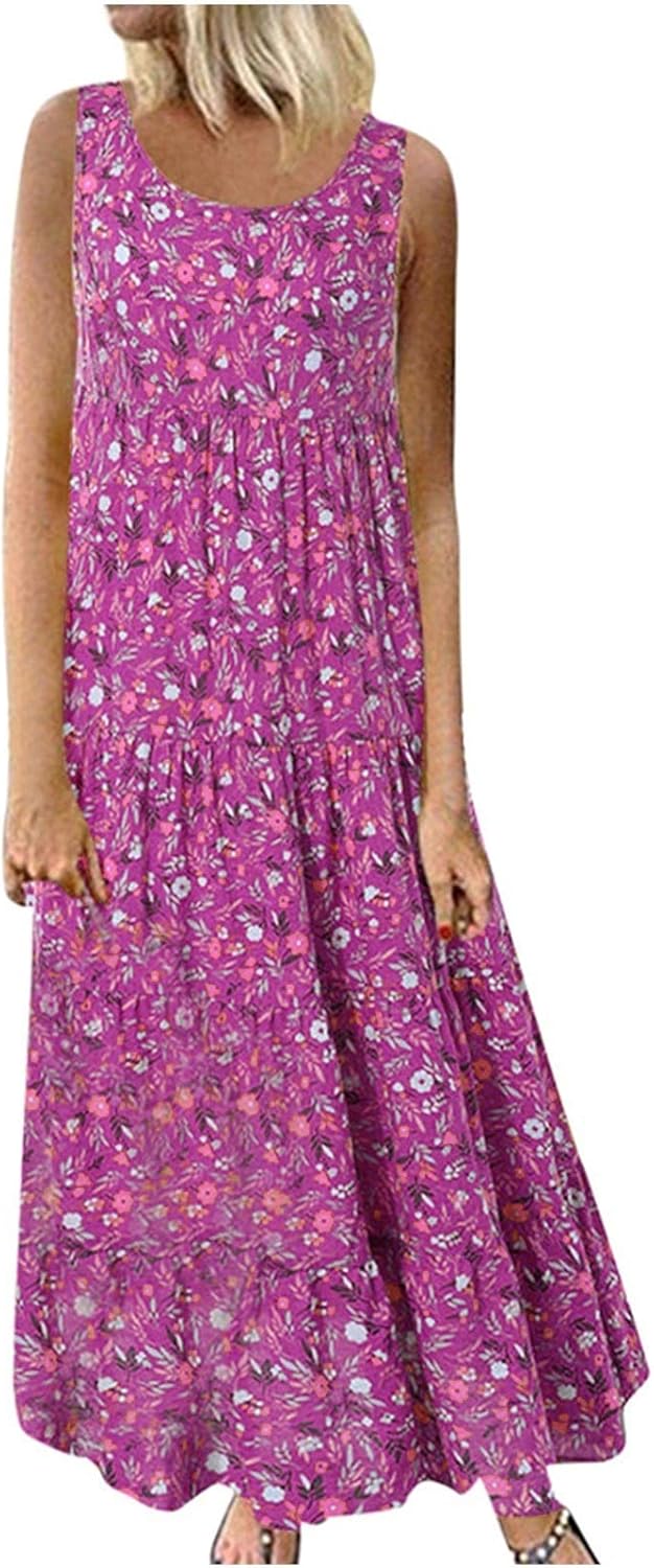 Ceboyel Women Boho Floral Maxi Dresses Flowy Tank Dress Sleeveless Smocked Sundresses Trendy Casual Beach Long Sun Dress