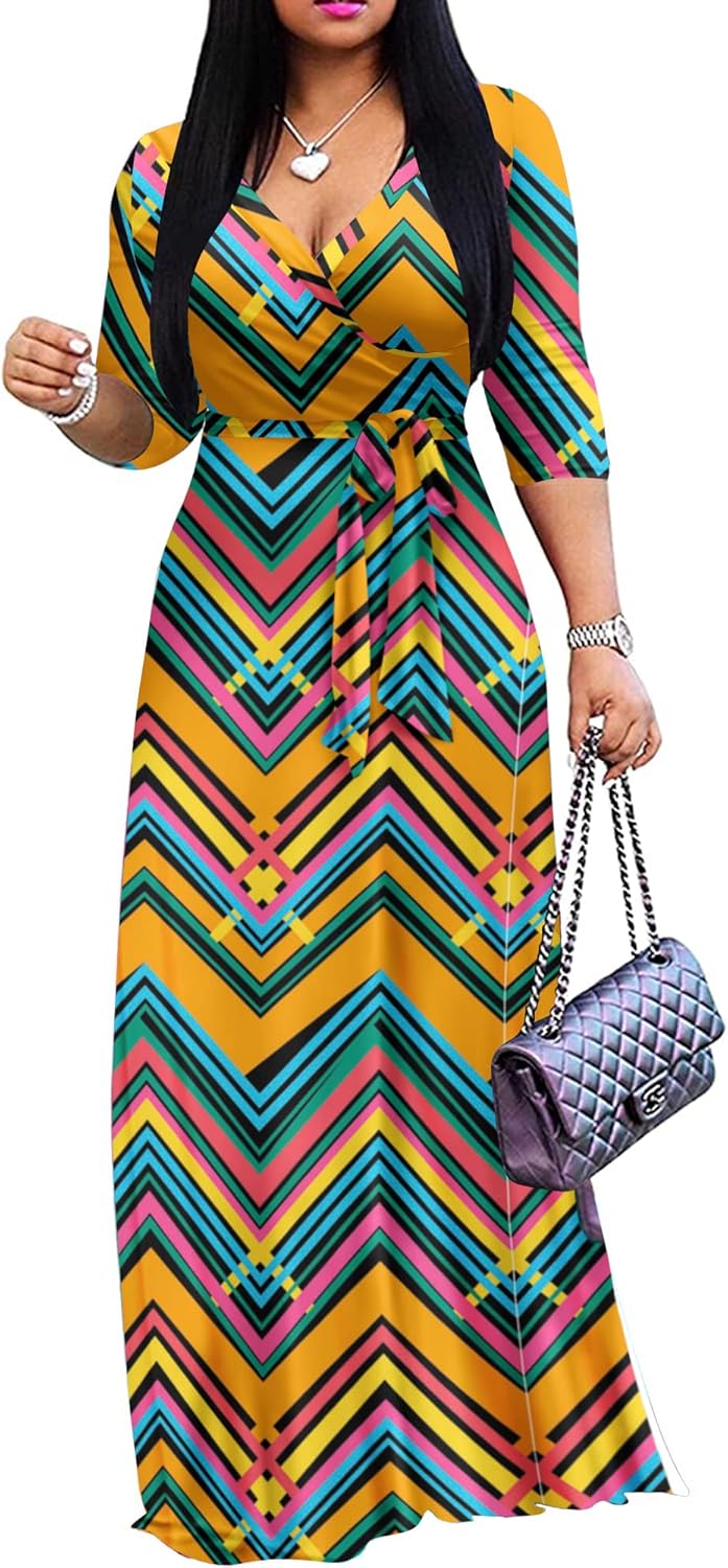 FANDEE Plus Size Maxi Dress for Women Casual Summer Sundress V-Neck 3/4 Sleeve