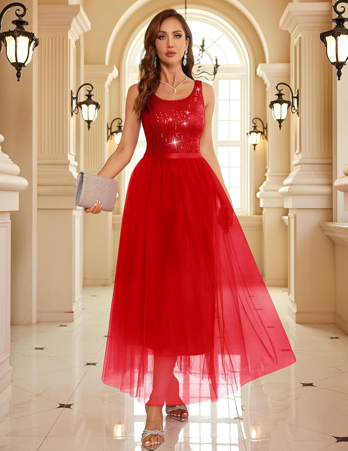 BeryLove Sequin Dress for Woman Vintage A Line Wedding Formal Swing Mesh Dress Sleeveless Cocktail Maxi Gowns