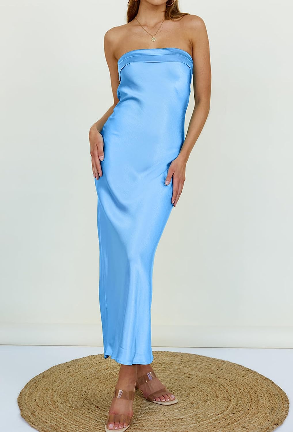 MEROKEETY Women 2025 Summer Strapless Satin Tube Bodycon Backless Wedding Guest Maxi Dress