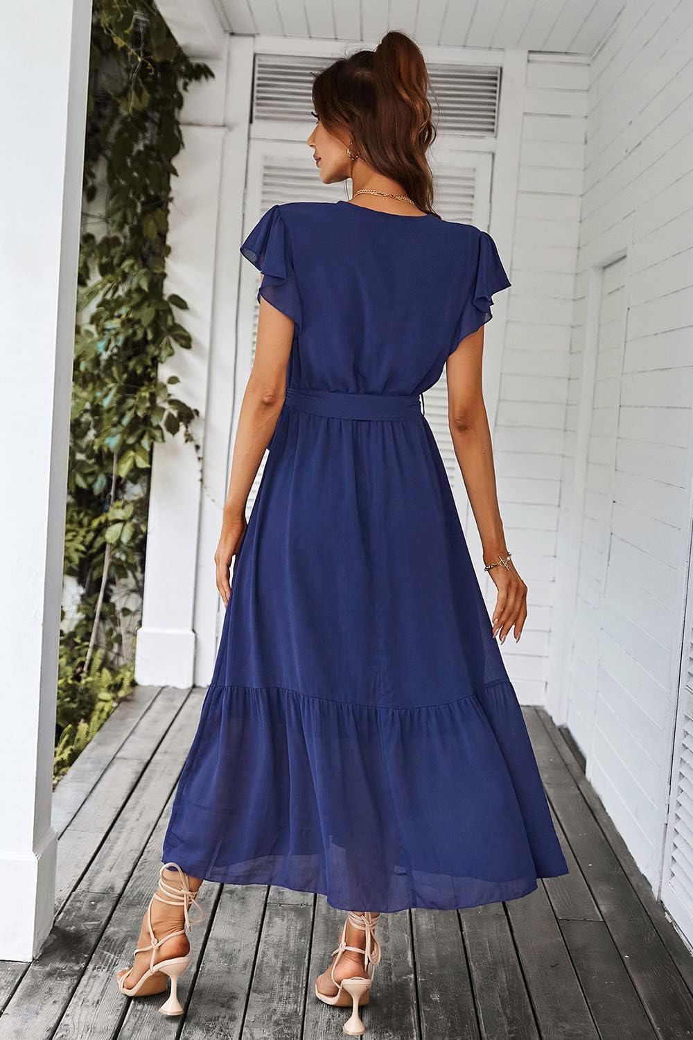 PRETTYGARDEN Women's Summer Floral Boho Dress Wrap V Neck Short Sleeve Ruffle A-Line Flowy Maxi Wedding Guest Dresses